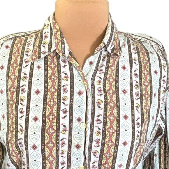 Vintage Maggie & Max White Brown Floral Button Front Long Sleeve Collared Boho - Picture 1 of 9
